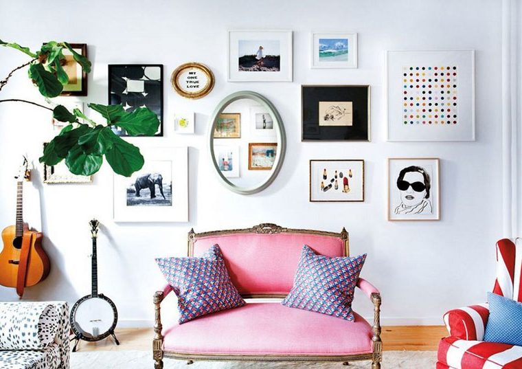 rdeco_domino artsy style gimme-schelter-blue-and-brown-and-green-and-pink-and-purple-and-white-and-wood-living-room-wall-gallery